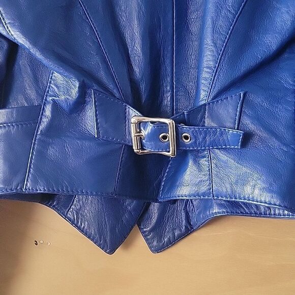VTG Michael Hoban North Beach XS S 80s Blue Leather Jacket Cropped Peplum Moto - Picture 13 of 15
